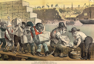 “The Anti-Chinese Wall— The American Wall Goes Up as the Chinese Original Goes Down,” by Friedrich Graetz, Puck, 1882. (Library of Congress)